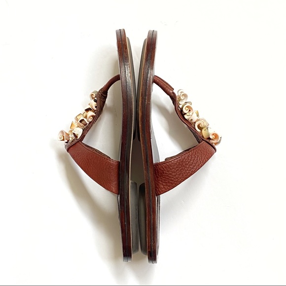 Sam Edelman Bari brown leather white seashell shells t-strap thong sandals flat - Picture 3 of 9